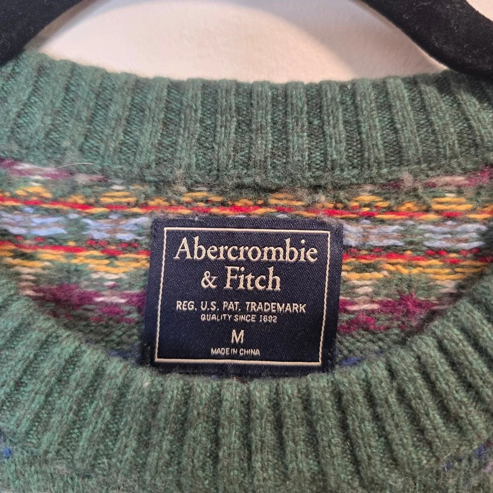 Abercrombie & Fitch Sweater Mens Medium Green Fair Isle Merino Wool Blend VTG